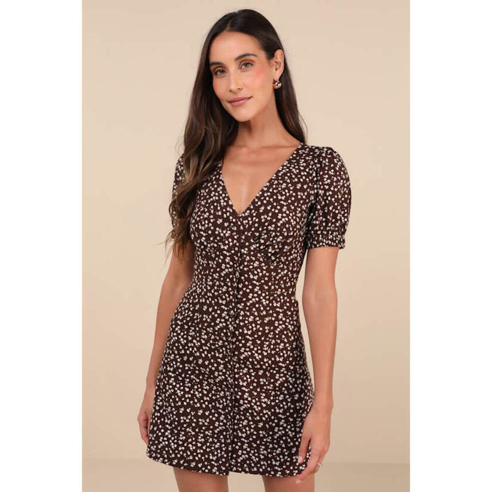 Lulus Adored Cutie Brown Floral Button-front Mini Dress - Size XS